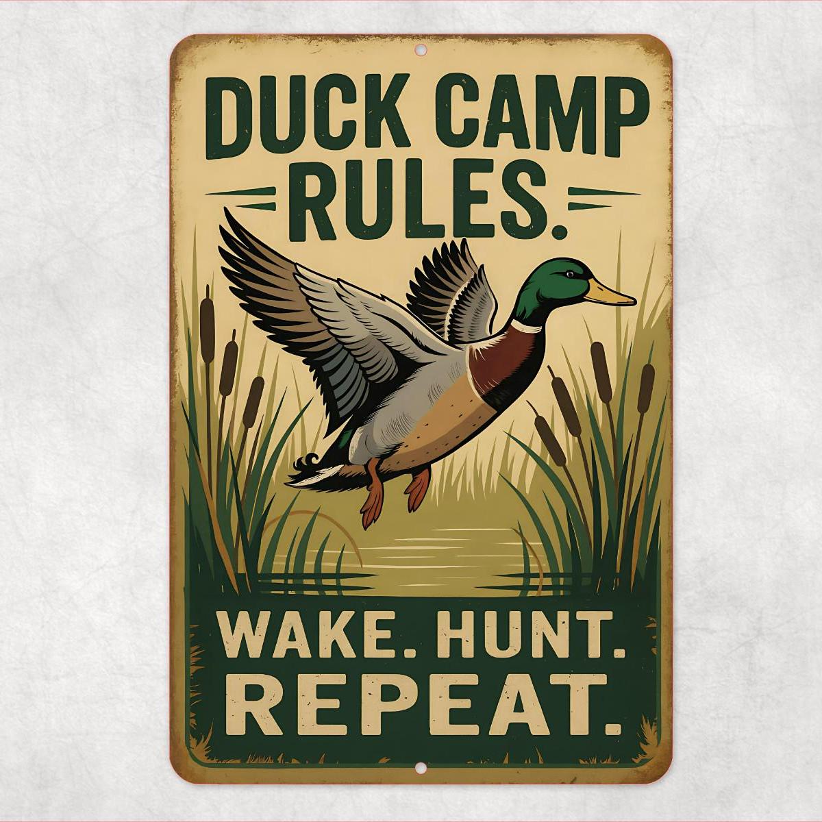 Duck Camp Rules Metal Sign – Wake Hunt Repeat 8x12 UV Resistant Hunting Cabin Decor, Sublimated Mallard Wall Art