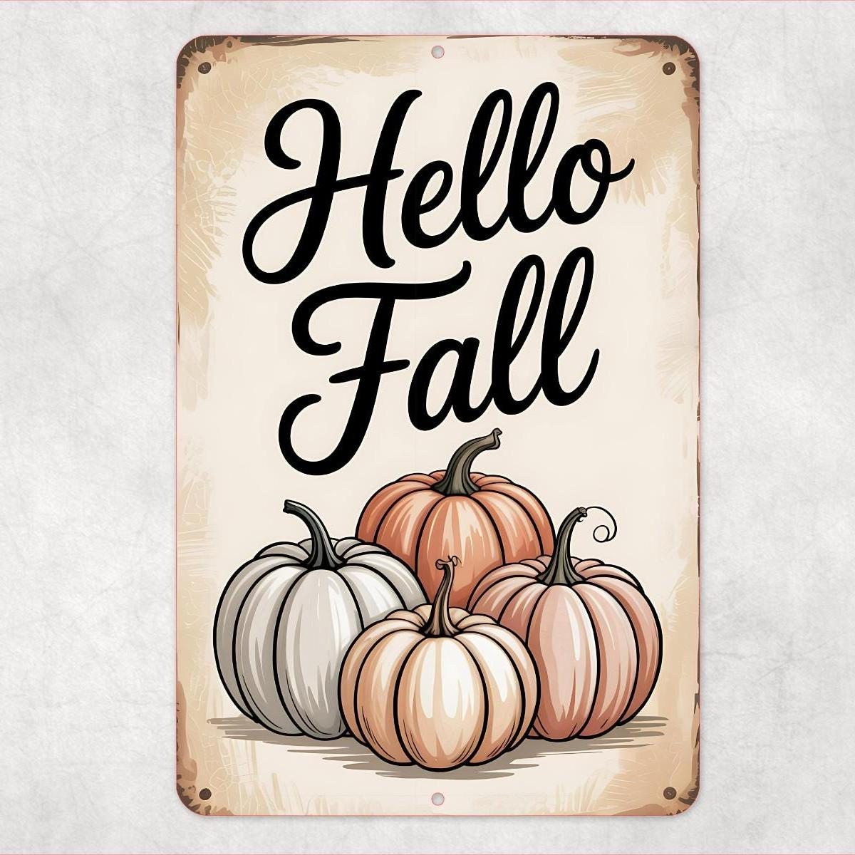 Hello Fall Pumpkin Sign – Rustic Farmhouse Autumn Wall Décor – 8x12 UV Resistant Sublimated Metal Sign – Vintage Fall Porch Decoration