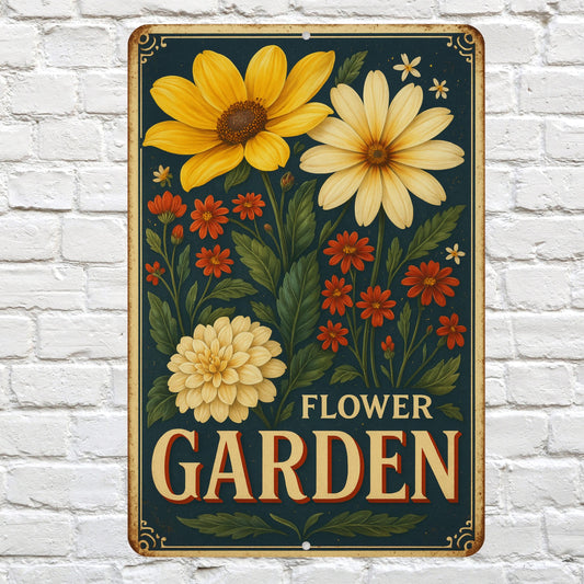 Rustic Flower Garden Metal Sign, Vintage Style Flower Illustration Sign, 8x12 Aluminum Floral Sign, UV Resistant Outdoor Sign, Garden Decor