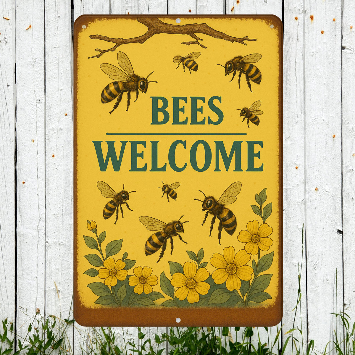 Vintage Style Metal Sign, Bees Welcome, Garden Decor, Rustic Home Accent, 8x12 Aluminum Floral Sign, UV Resistant Outdoor Sign, Garden Sign