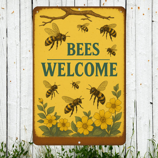 Vintage Style Metal Sign, Bees Welcome, Garden Decor, Rustic Home Accent, 8x12 Aluminum Floral Sign, UV Resistant Outdoor Sign, Garden Sign