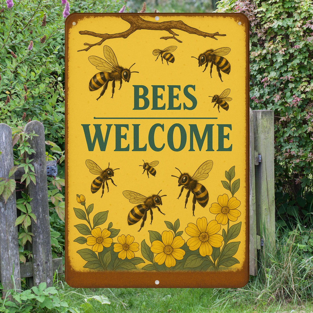 Vintage Style Metal Sign, Bees Welcome, Garden Decor, Rustic Home Accent, 8x12 Aluminum Floral Sign, UV Resistant Outdoor Sign, Garden Sign
