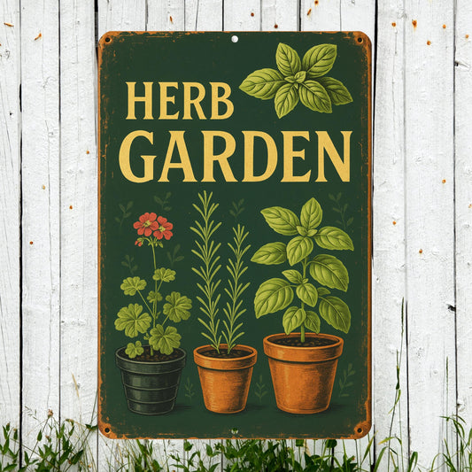 Herb Garden Vintage Metal Sign, Herbs and Pots Illustration, Garden Frame, Elegant Font 8x12 Aluminum Floral Sign, UV Resistant Outdoor Sign
