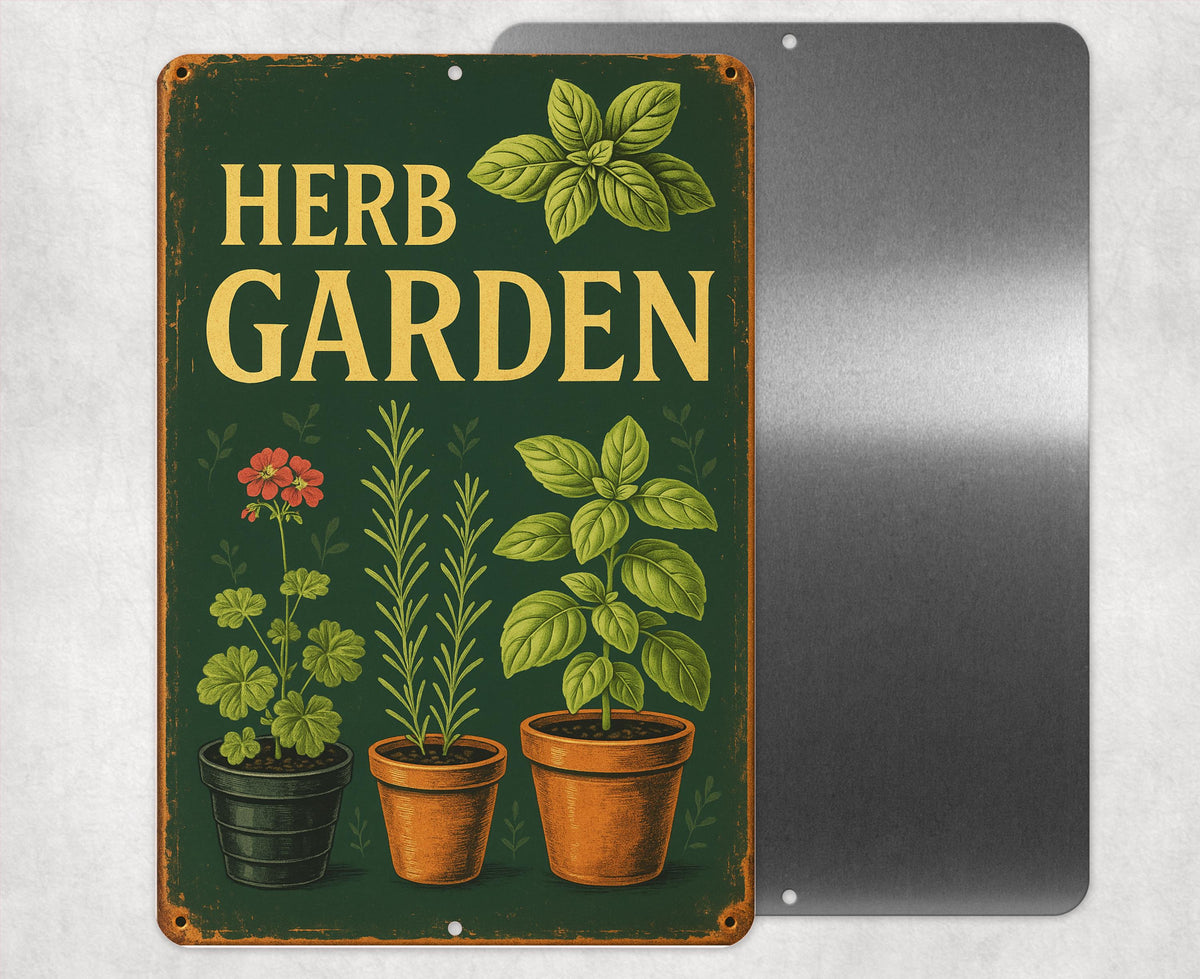 Herb Garden Vintage Metal Sign, Herbs and Pots Illustration, Garden Frame, Elegant Font 8x12 Aluminum Floral Sign, UV Resistant Outdoor Sign