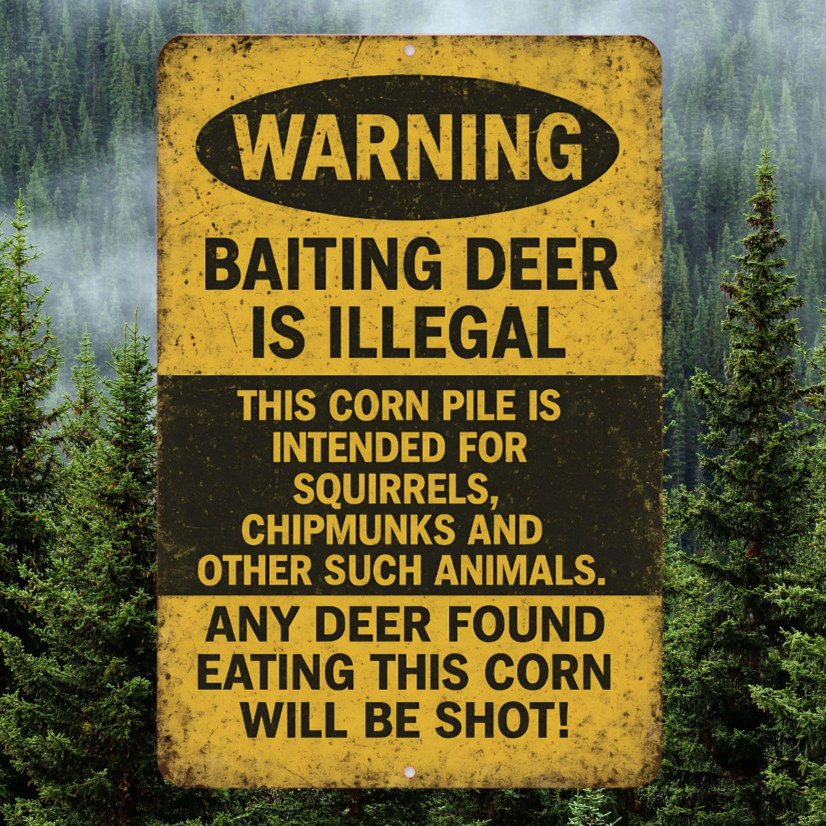 Funny Deer Hunting Metal Sign, Deer Baiting Corn Sign, Distresses Warning Sign, Rustic Font 8x12 Aluminum Sign, UV Resistant Outdoor Sign