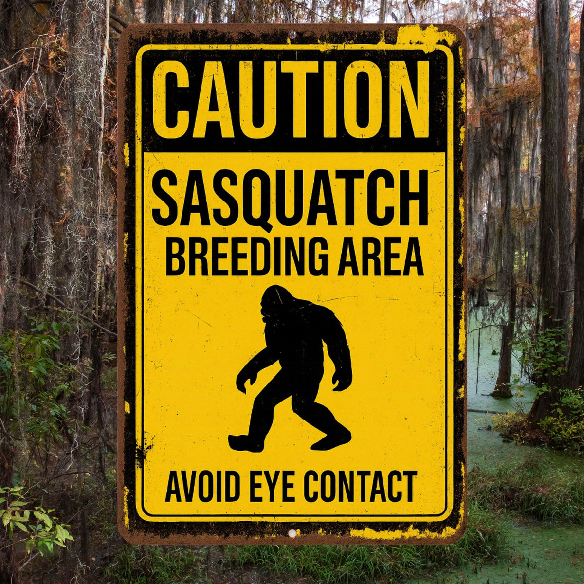 Funny Sasquatch Metal Sign, Sasquatch Breeding Area Sign, Distresses Warning Sign, Rustic Font 8x12 Aluminum Sign, UV Resistant Outdoor Sign