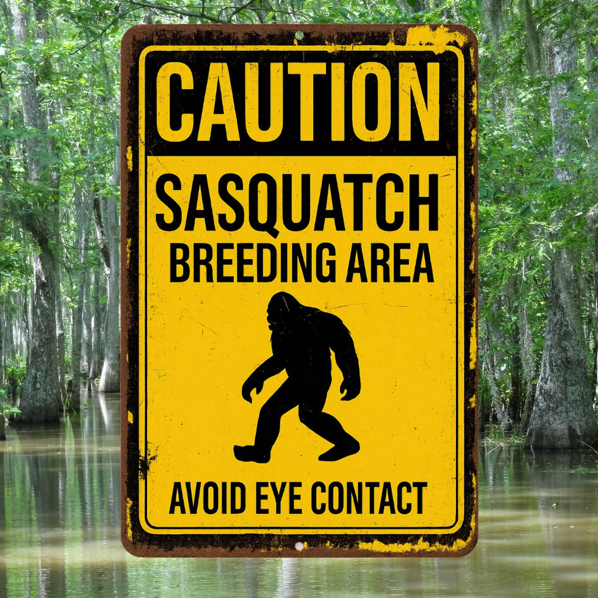 Funny Sasquatch Metal Sign, Sasquatch Breeding Area Sign, Distresses Warning Sign, Rustic Font 8x12 Aluminum Sign, UV Resistant Outdoor Sign