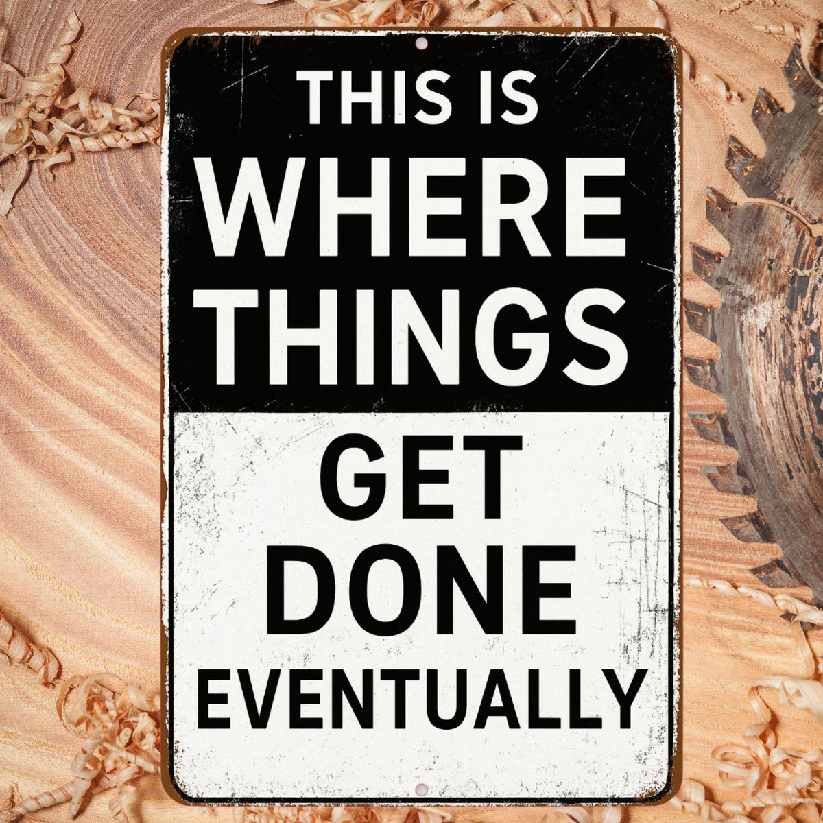 Funny Shop Garage Sign, Where Things Get Done Eventually Sign, Distressed Style Sign, Rustic 8x12 Aluminum Sign, UV Resistant Outdoor Sign