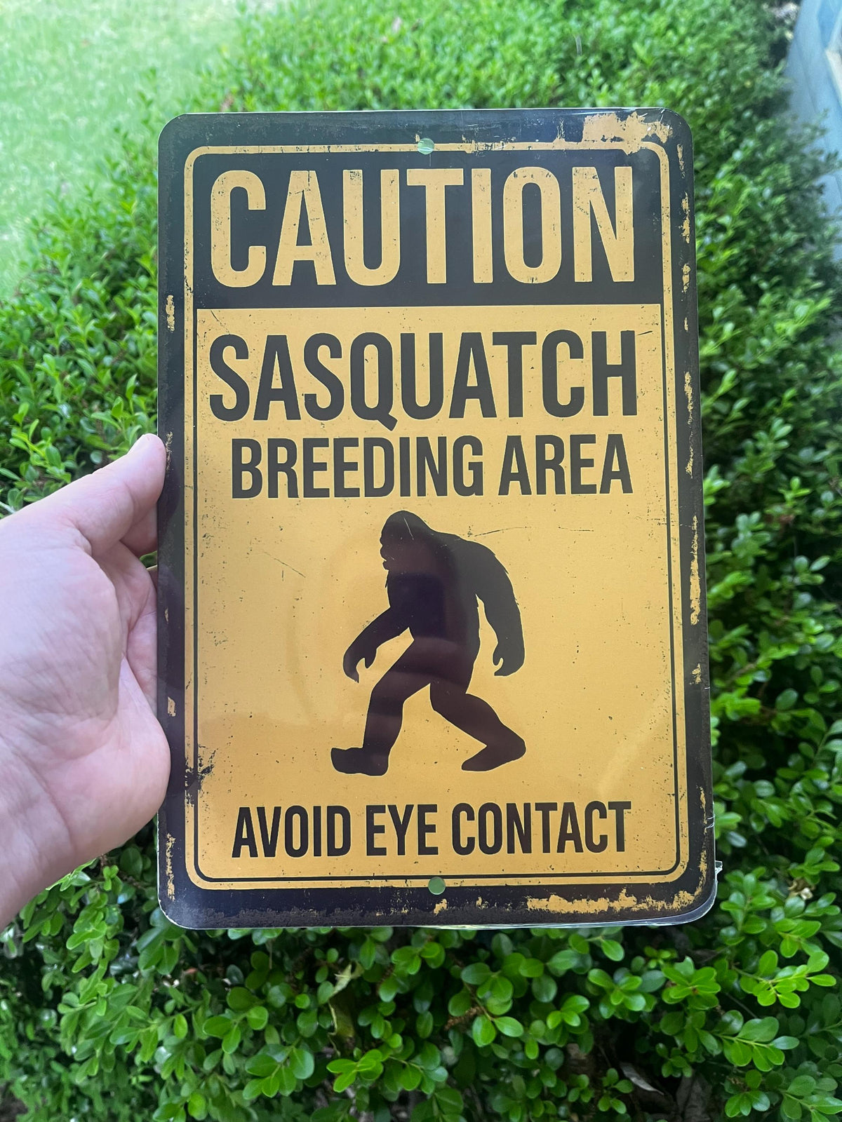 Funny Sasquatch Metal Sign, Sasquatch Breeding Area Sign, Distresses Warning Sign, Rustic Font 8x12 Aluminum Sign, UV Resistant Outdoor Sign