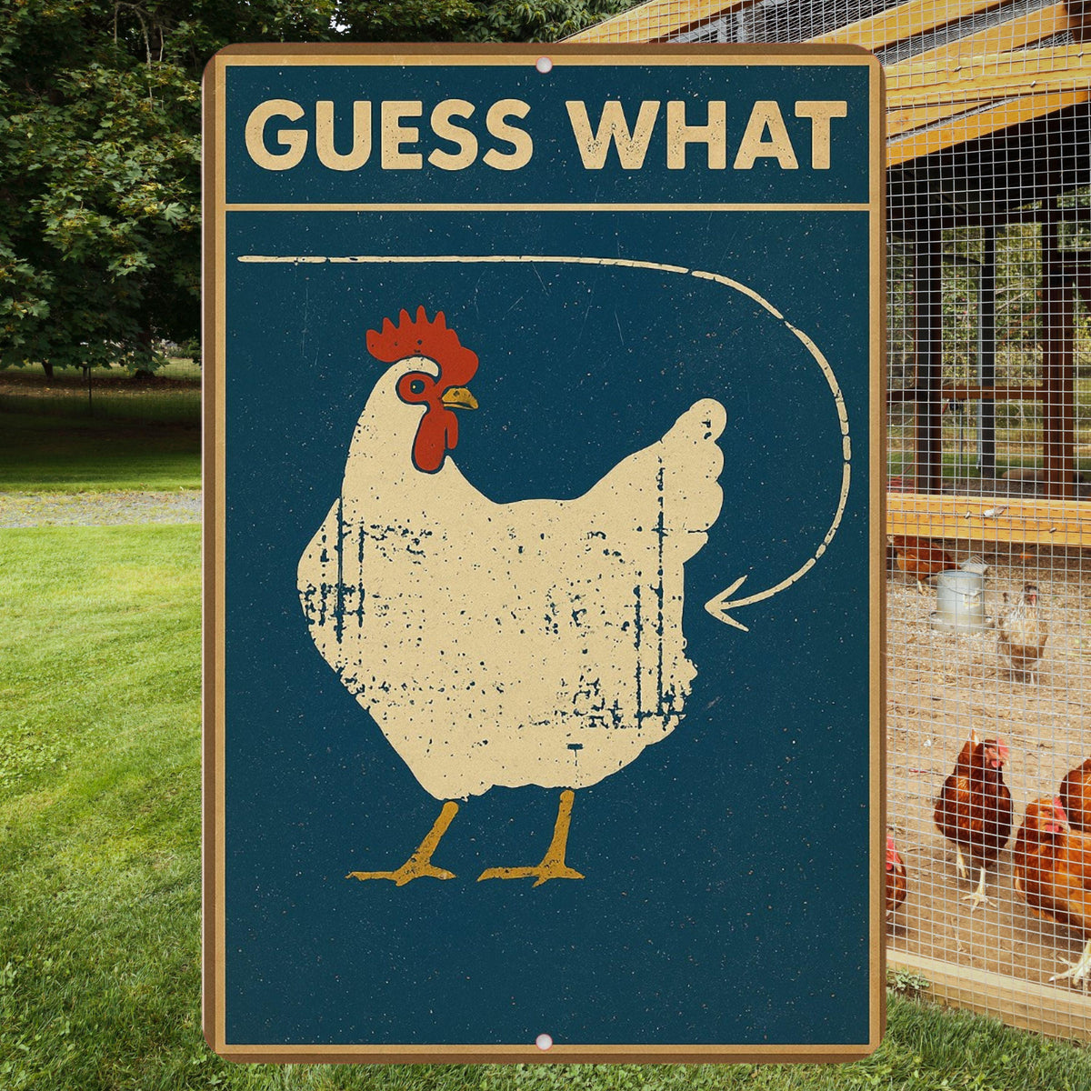 Guess What Chicken Butt Sign, Funny Chicken Sign, Distressed Style Sign, 8x12 Aluminum Sign, UV Resistant Outdoor Sign, Homestead Sign
