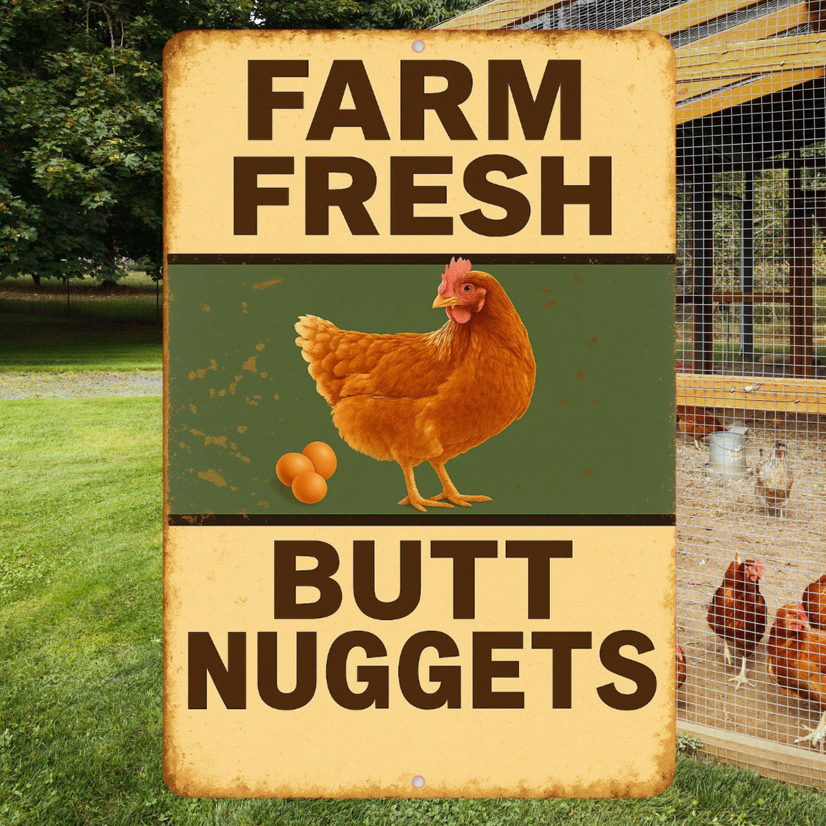 Farm Fresh Butt Nuggets Sign, Funny Chicken Sign, Distressed Style Sign, 8x12 Aluminum Sign, UV Resistant Outdoor Sign, Door Sign