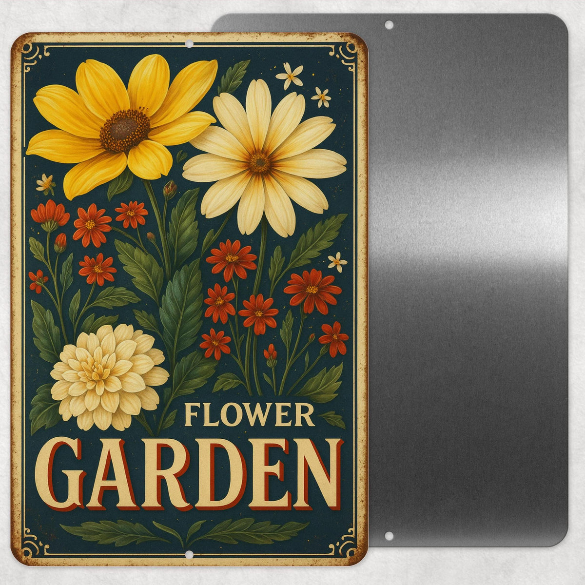 Rustic Flower Garden Metal Sign, Vintage Style Flower Illustration Sign, 8x12 Aluminum Floral Sign, UV Resistant Outdoor Sign, Garden Decor