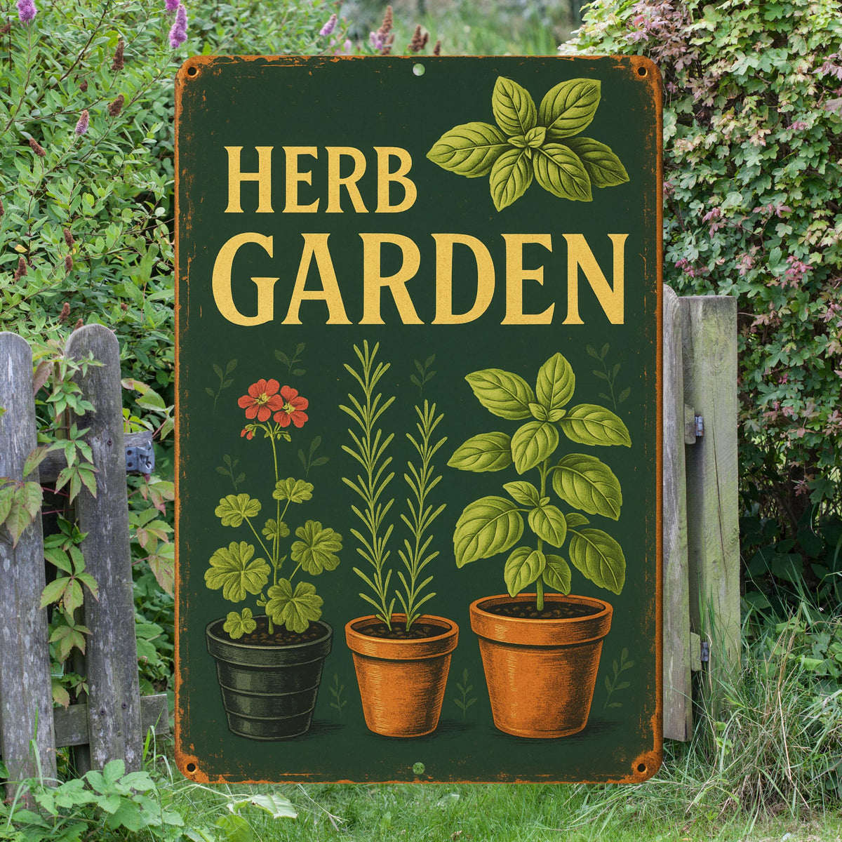 Herb Garden Vintage Metal Sign, Herbs and Pots Illustration, Garden Frame, Elegant Font 8x12 Aluminum Floral Sign, UV Resistant Outdoor Sign
