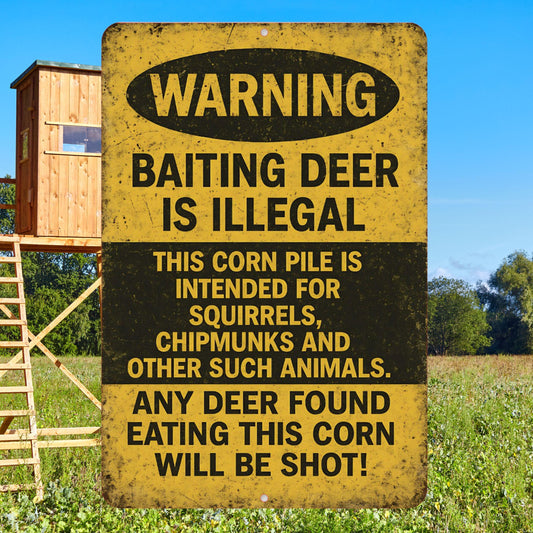 Funny Deer Hunting Metal Sign, Deer Baiting Corn Sign, Distresses Warning Sign, Rustic Font 8x12 Aluminum Sign, UV Resistant Outdoor Sign