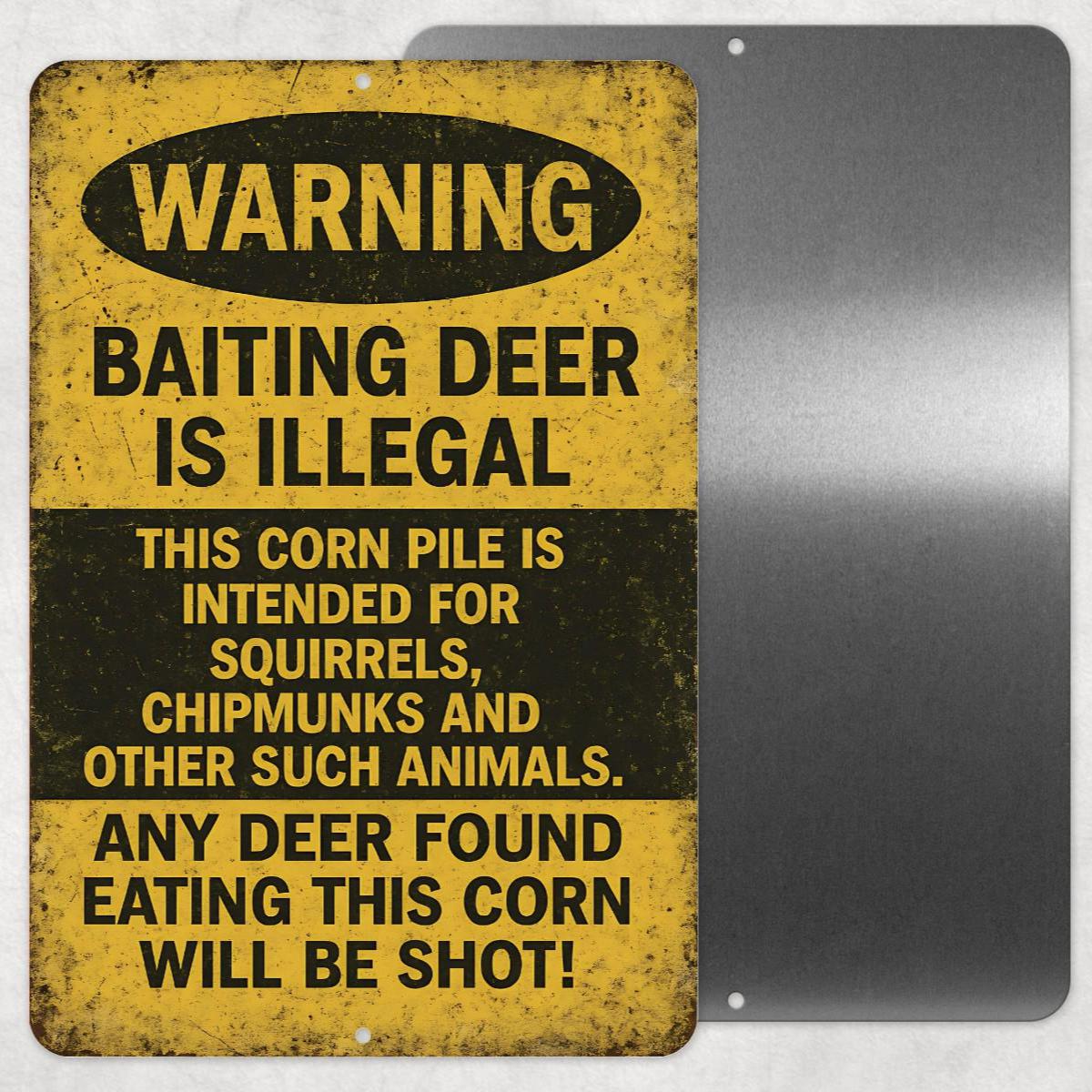 Funny Deer Hunting Metal Sign, Deer Baiting Corn Sign, Distresses Warning Sign, Rustic Font 8x12 Aluminum Sign, UV Resistant Outdoor Sign