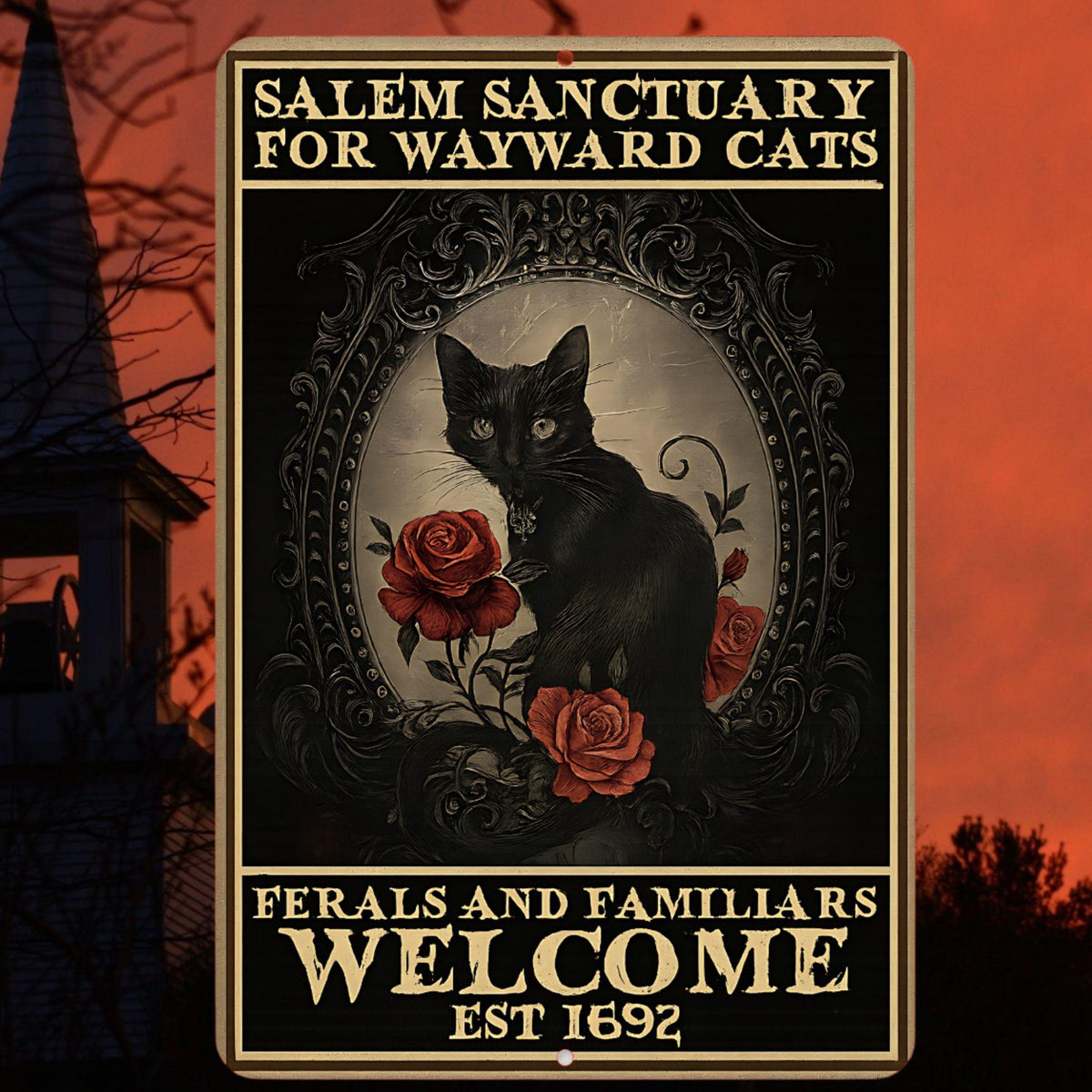 Salem Sanctuary For Wayward Cats Sign – 8x12 Vintage Gothic Cat Metal Sign | Witchy Cat Decor | Ferals and Familiars Welcome