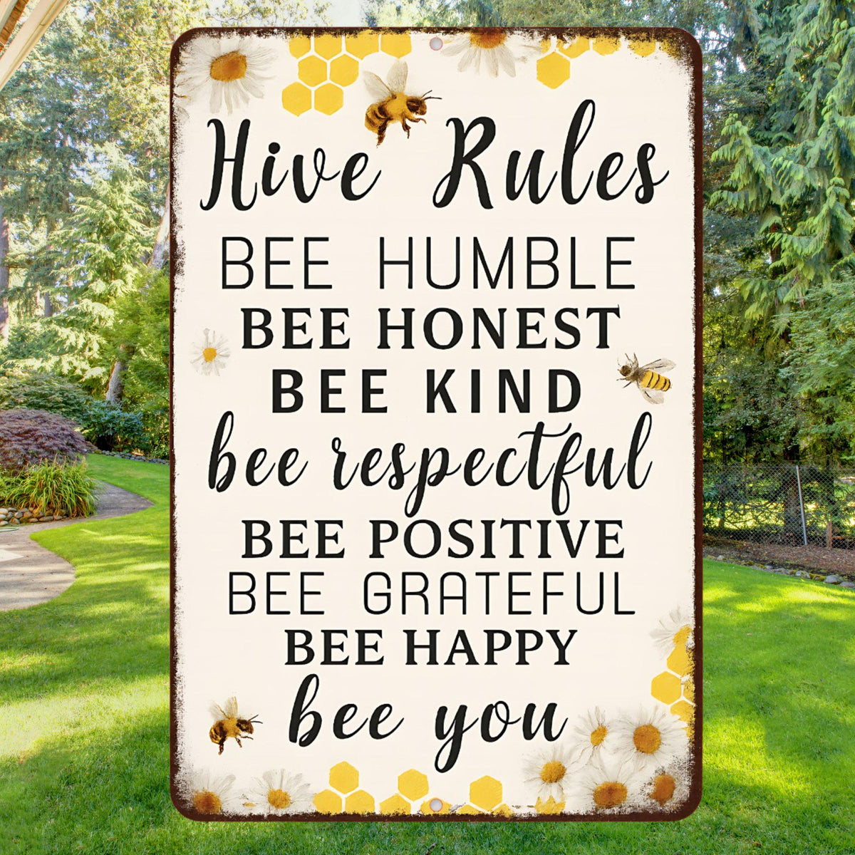 Hive Rules Bee Sign – 8x12 Metal Wall Decor for Beekeepers, Gardeners, or Country Home – Bee Kind Positive Grateful Rustic Farmhouse Decor