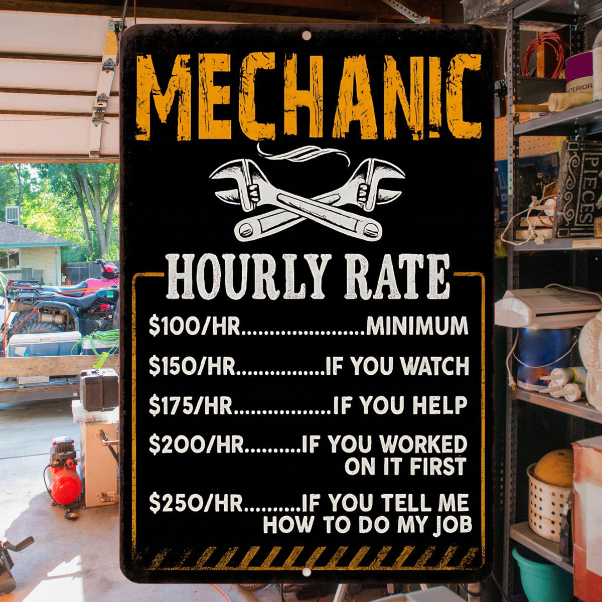 Funny Mechanic Hourly Rate Sign – 8x12 Metal Garage Shop Wall Decor, Vintage Wrench Humor Sign, Shop Sign, Garage Decor, Man Cave Sign
