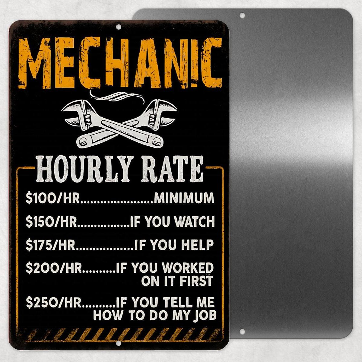 Funny Mechanic Hourly Rate Sign – 8x12 Metal Garage Shop Wall Decor, Vintage Wrench Humor Sign, Shop Sign, Garage Decor, Man Cave Sign