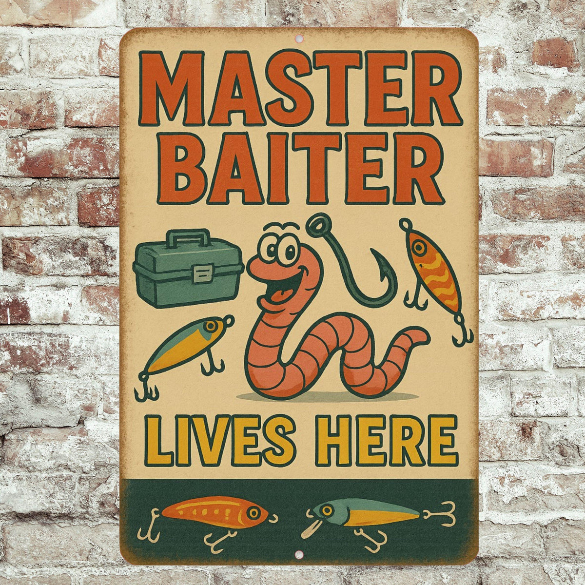 Funny Master Baiter Fishing Sign – 8x12 Metal Sign for Fishermen, Tackle Room, Man Cave, or Lake House Decor, Dad Gift