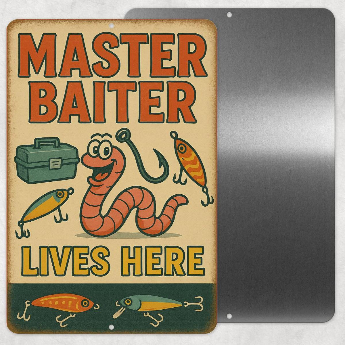 Funny Master Baiter Fishing Sign – 8x12 Metal Sign for Fishermen, Tackle Room, Man Cave, or Lake House Decor, Dad Gift