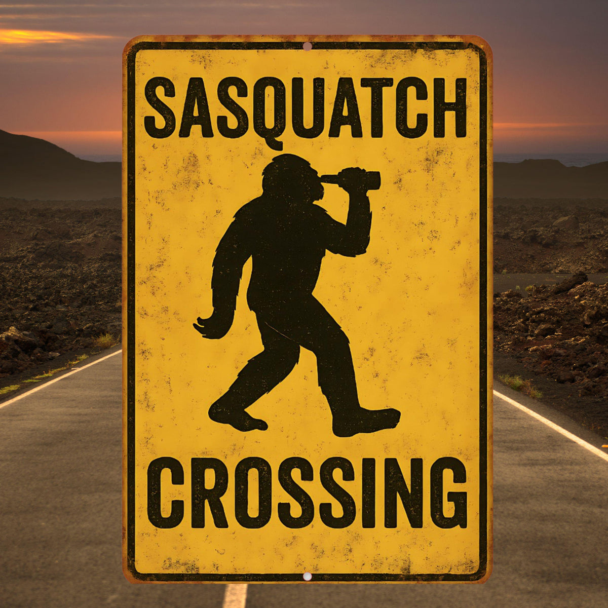 Drunk Sasquatch Crossing Sign – Funny 8x12 Metal Bigfoot Sign with Beer Bottle, Rustic Outdoor Cabin Decor, Dad Gift, Man Cave Sign