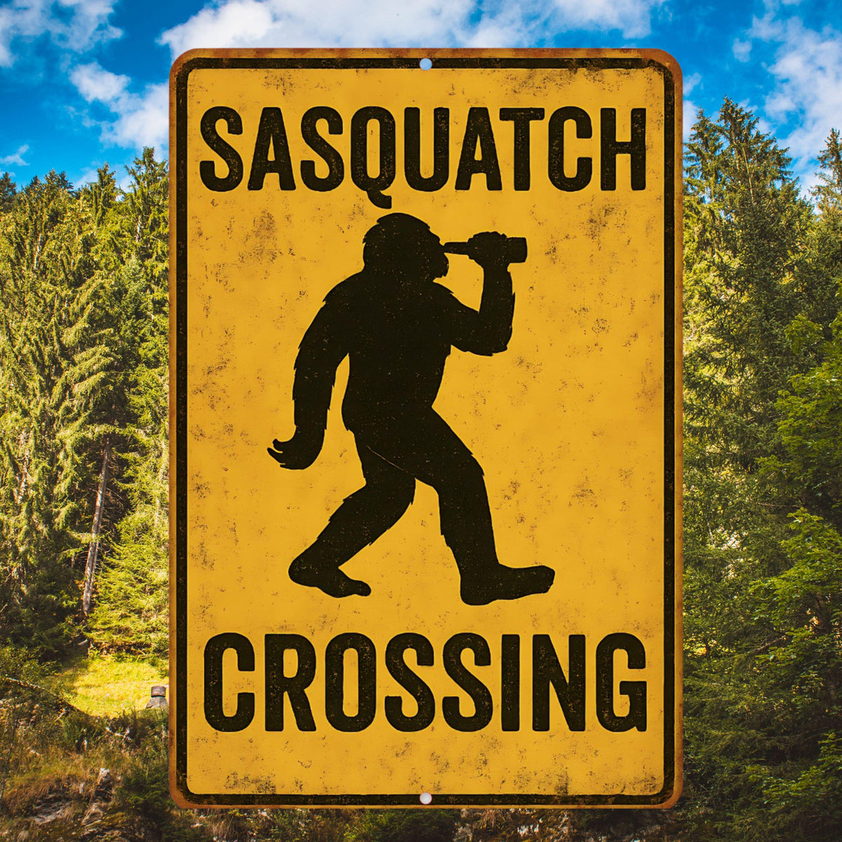 Drunk Sasquatch Crossing Sign – Funny 8x12 Metal Bigfoot Sign with Beer Bottle, Rustic Outdoor Cabin Decor, Dad Gift, Man Cave Sign