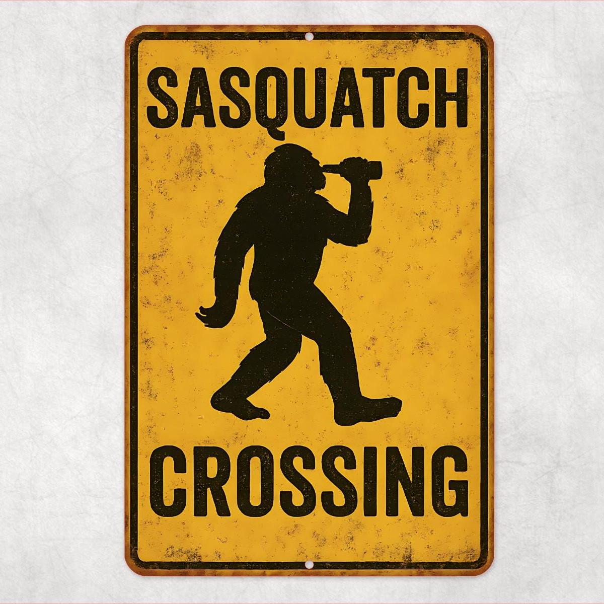Drunk Sasquatch Crossing Sign – Funny 8x12 Metal Bigfoot Sign with Beer Bottle, Rustic Outdoor Cabin Decor, Dad Gift, Man Cave Sign