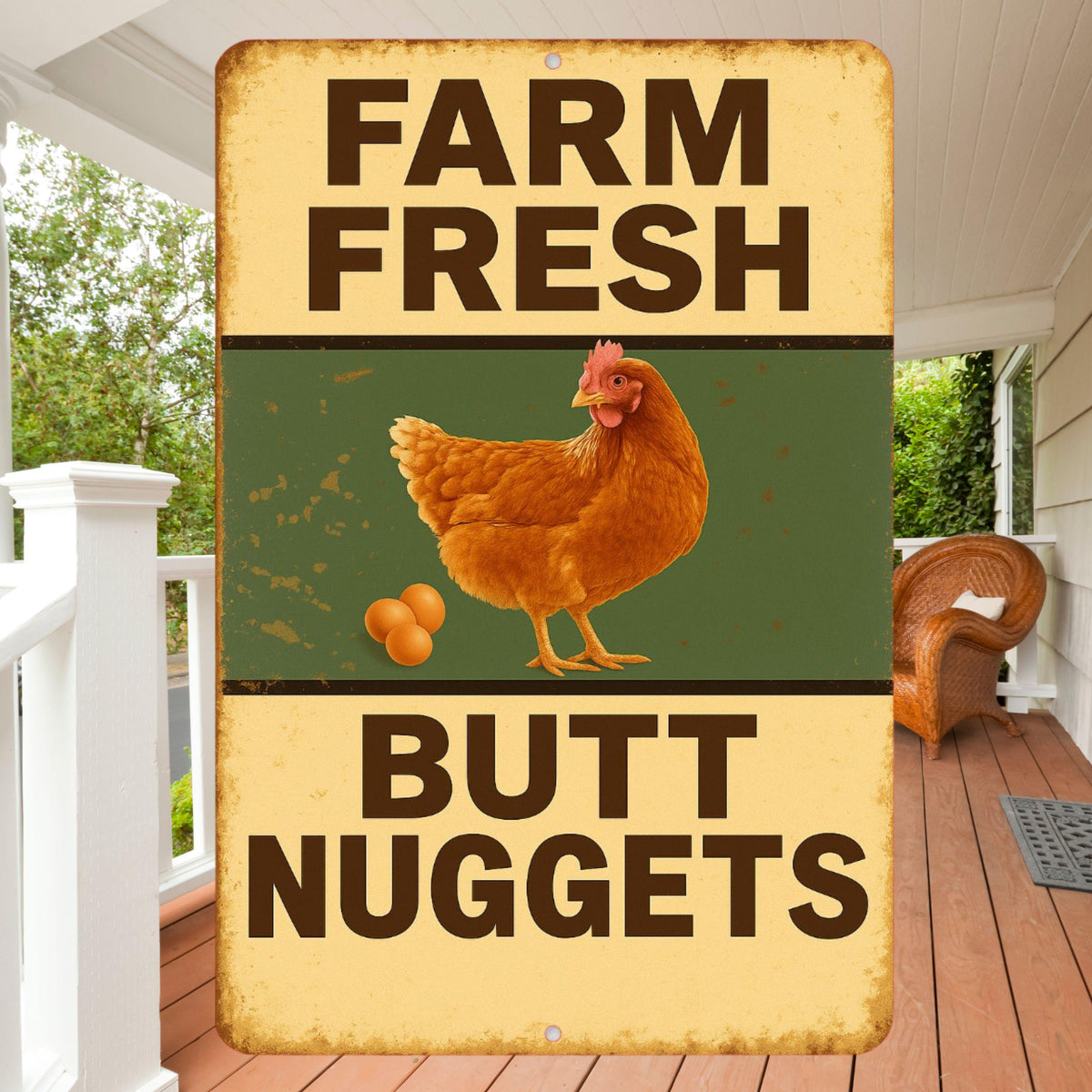 Farm Fresh Butt Nuggets Sign, Funny Chicken Sign, Distressed Style Sign, 8x12 Aluminum Sign, UV Resistant Outdoor Sign, Door Sign