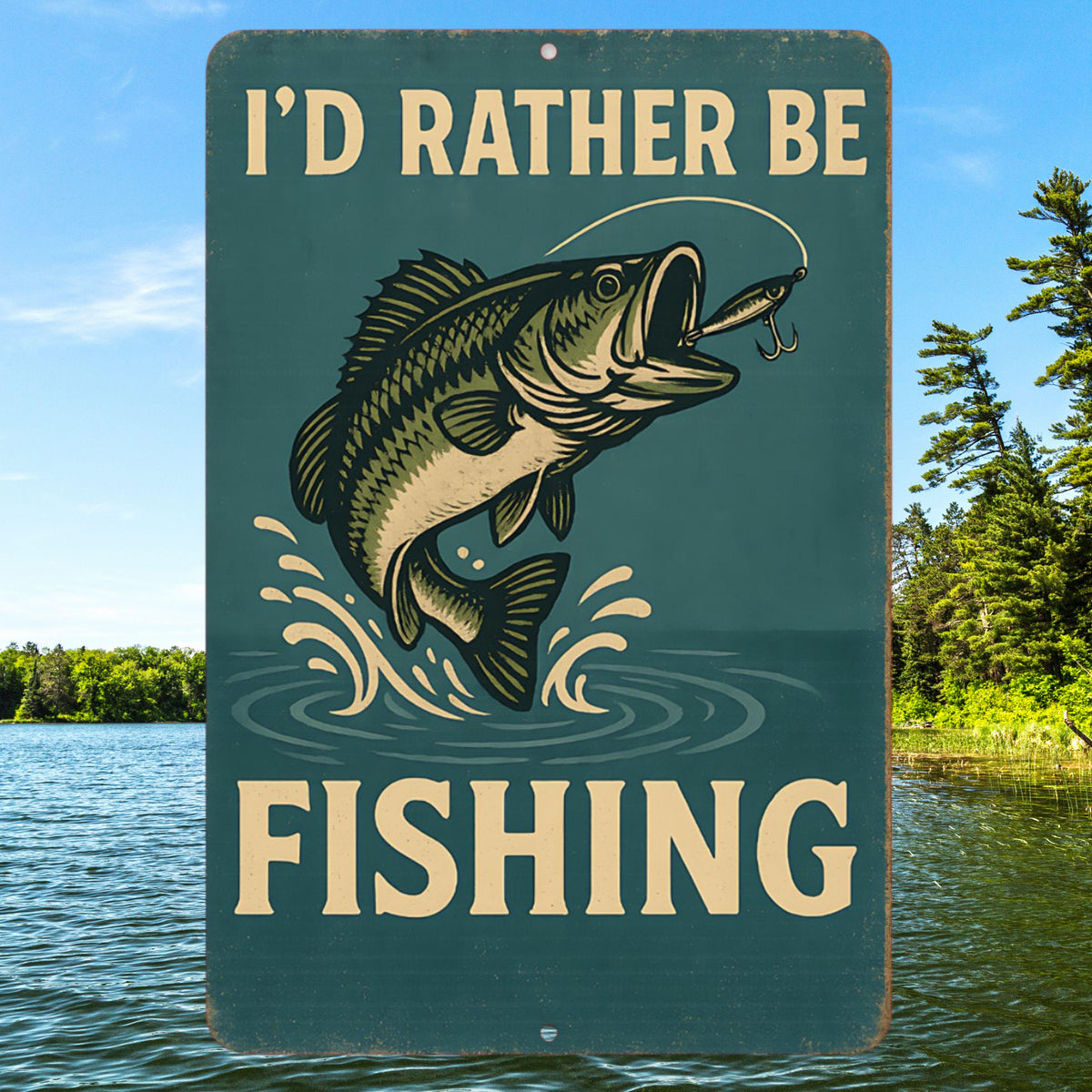 I'd Rather Be Fishing Metal Sign – 8x12 Vintage Bass Fisherman Wall Decor for Cabin, Man Cave, or Lake House, Cabin Decor