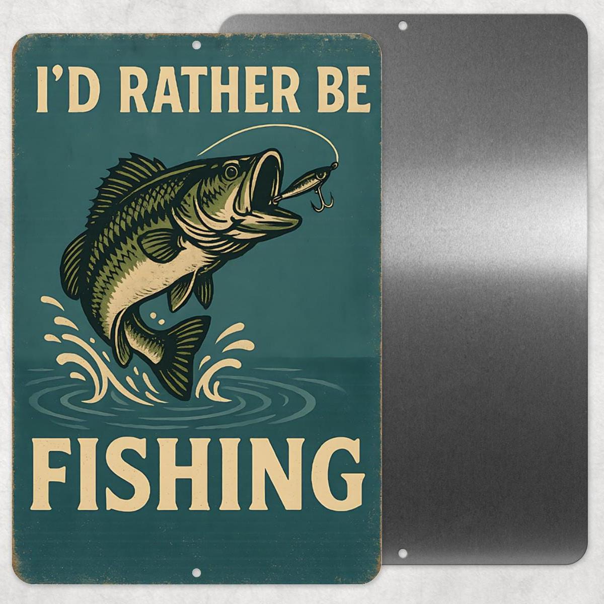 I'd Rather Be Fishing Metal Sign – 8x12 Vintage Bass Fisherman Wall Decor for Cabin, Man Cave, or Lake House, Cabin Decor