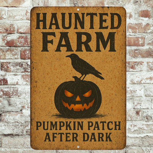 Haunted Farm Pumpkin Patch After Dark Sign – 8x12 Halloween Metal Wall Decor with Crow & Jack-o'-Lantern, Porch Sign, Fall Decor