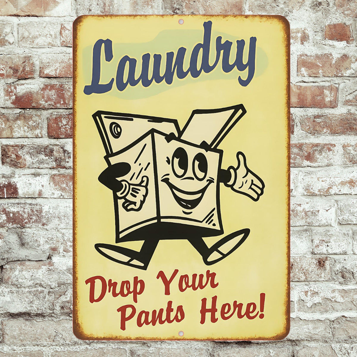 Funny Laundry Room Sign – 8x12 Retro Metal Sign “Drop Your Pants Here” – Vintage Tin Wall Decor for Laundry Area, Utility Room Humor