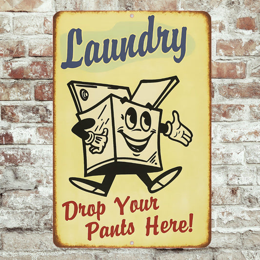 Funny Laundry Room Sign – 8x12 Retro Metal Sign “Drop Your Pants Here” – Vintage Tin Wall Decor for Laundry Area, Utility Room Humor