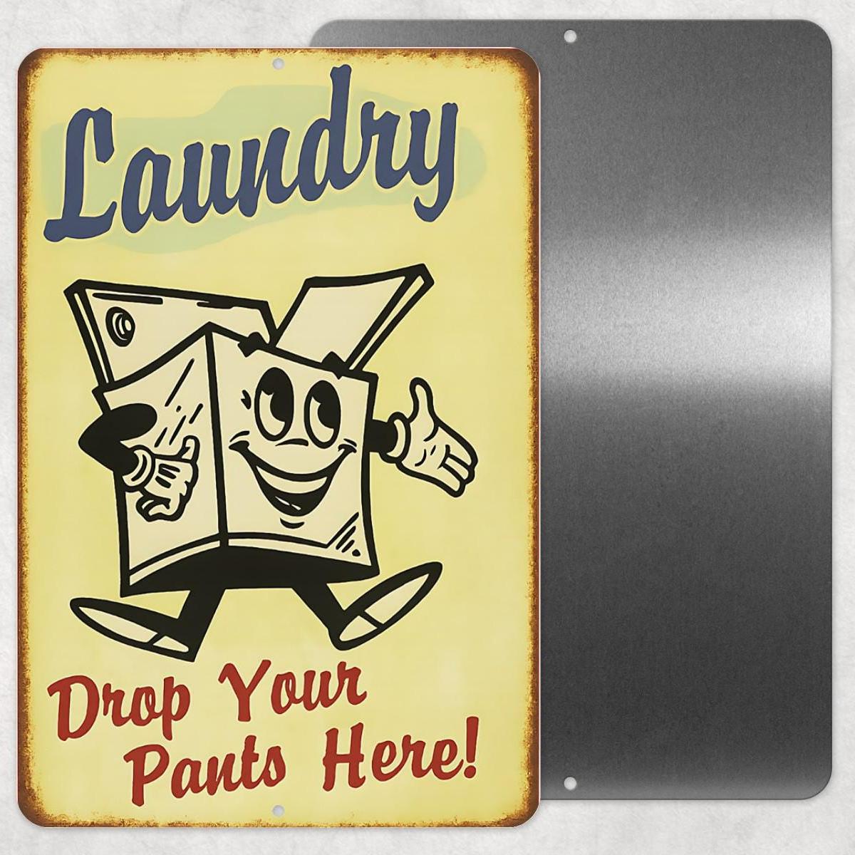 Funny Laundry Room Sign – 8x12 Retro Metal Sign “Drop Your Pants Here” – Vintage Tin Wall Decor for Laundry Area, Utility Room Humor