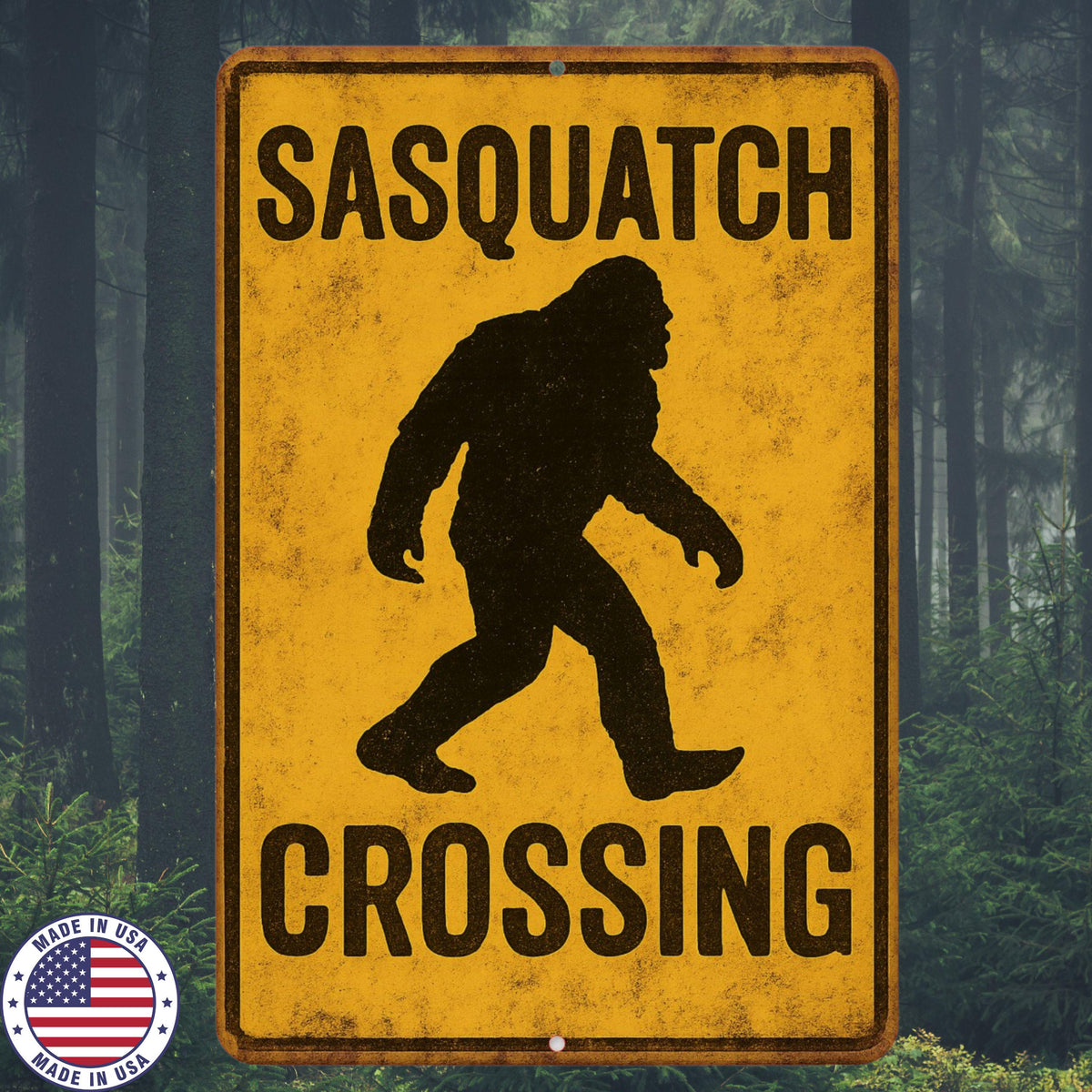 Sasquatch Crossing Sign – 8x12 Bigfoot Metal Wall Decor – Funny Rustic Cabin Sign for Hunters, Campers, Cryptid Fans, Cabin Decor, Yard Sign