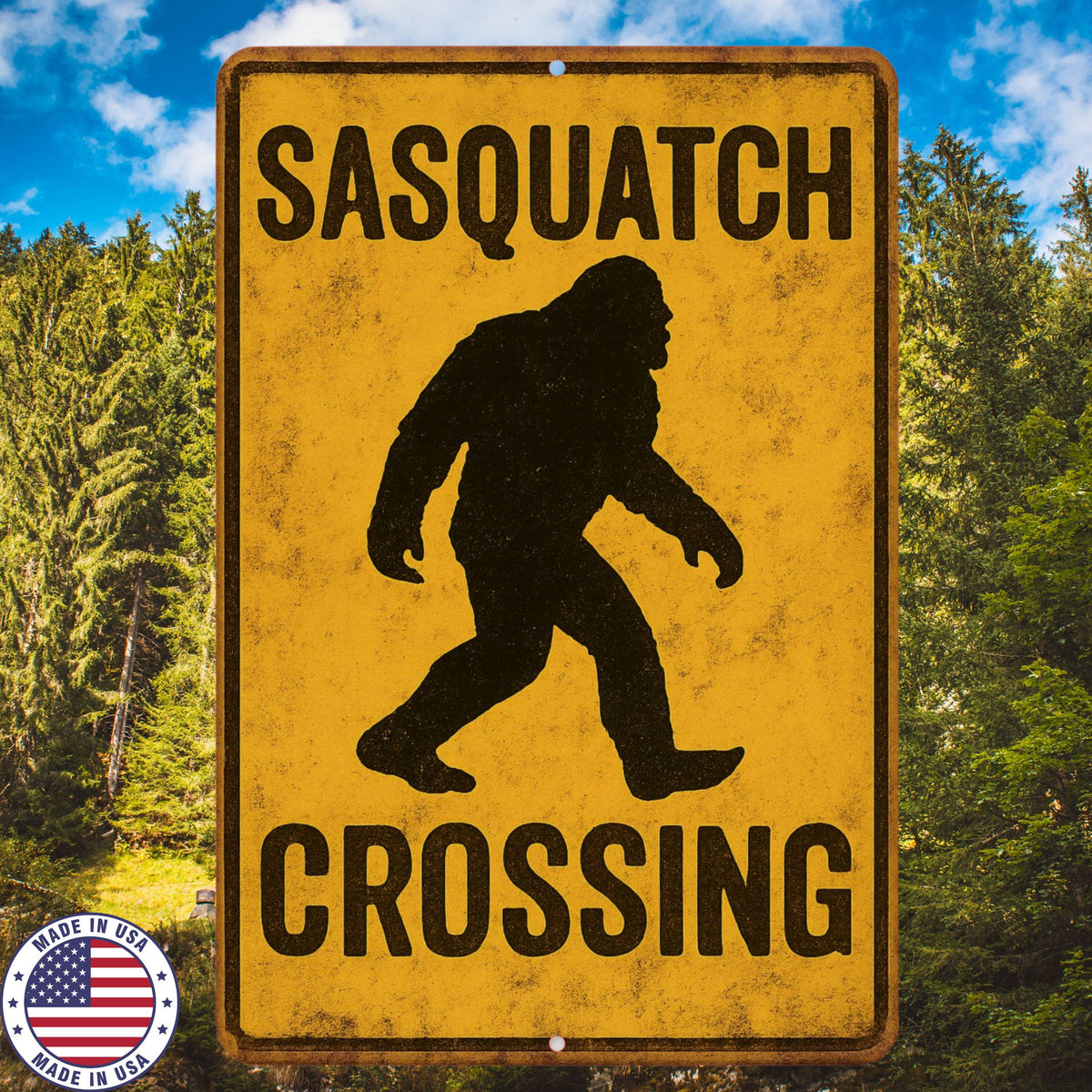 Sasquatch Crossing Sign – 8x12 Bigfoot Metal Wall Decor – Funny Rustic Cabin Sign for Hunters, Campers, Cryptid Fans, Cabin Decor, Yard Sign