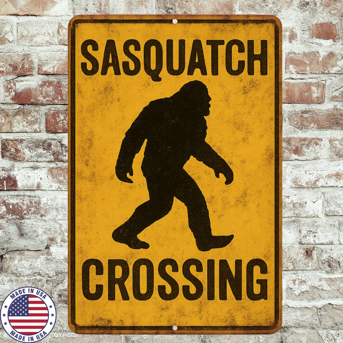 Sasquatch Crossing Sign – 8x12 Bigfoot Metal Wall Decor – Funny Rustic Cabin Sign for Hunters, Campers, Cryptid Fans, Cabin Decor, Yard Sign