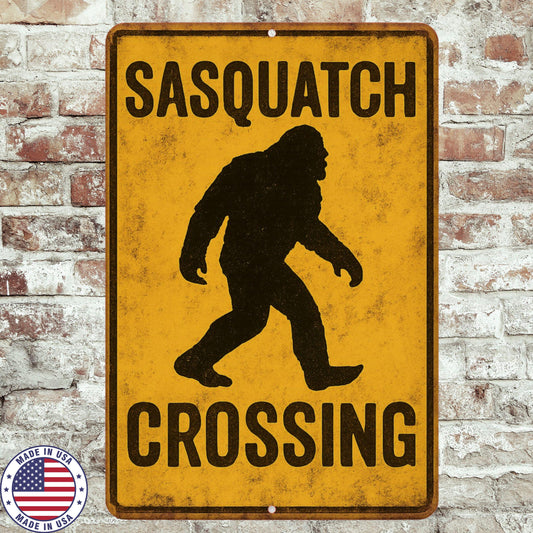 Sasquatch Crossing Sign – 8x12 Bigfoot Metal Wall Decor – Funny Rustic Cabin Sign for Hunters, Campers, Cryptid Fans, Cabin Decor, Yard Sign