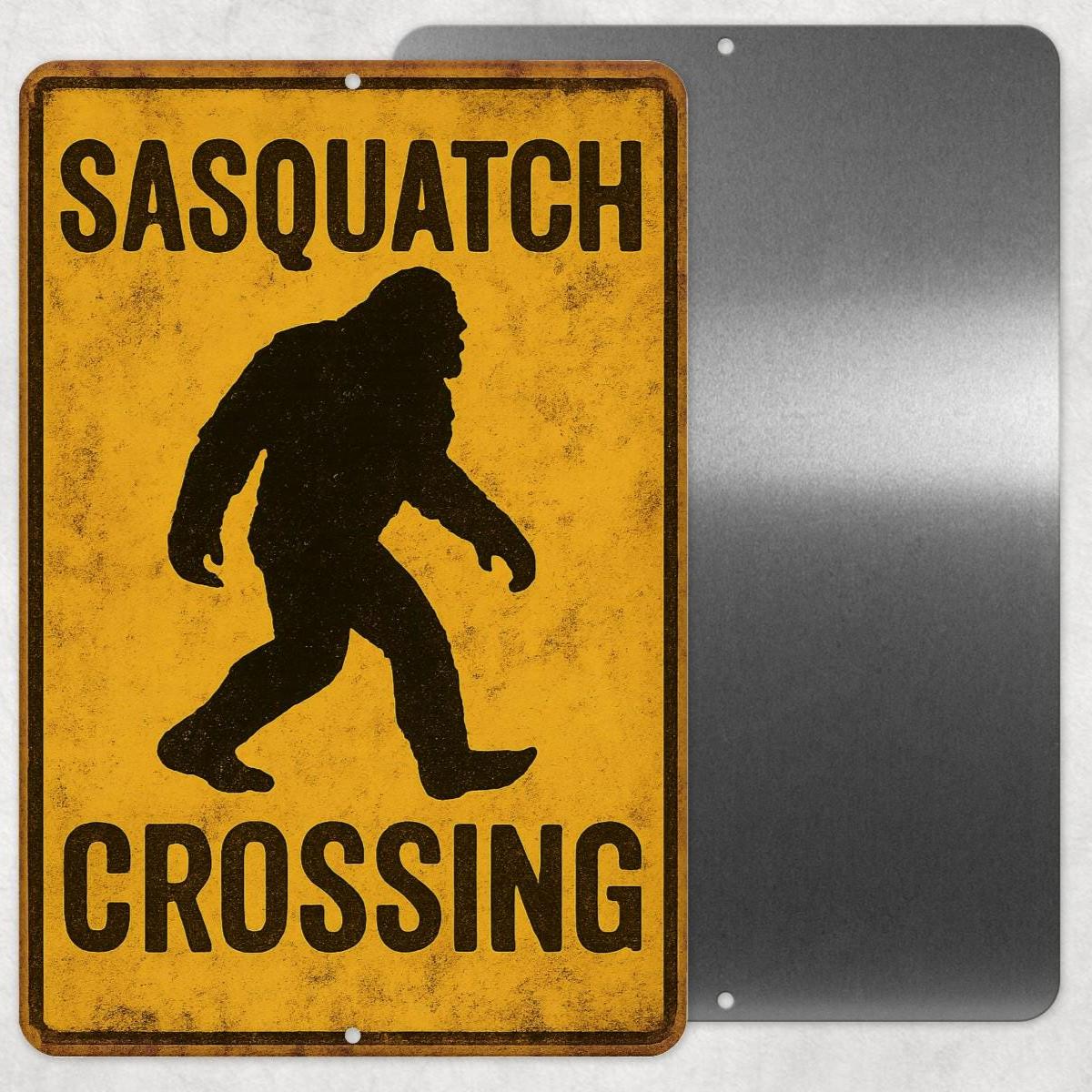 Sasquatch Crossing Sign – 8x12 Bigfoot Metal Wall Decor – Funny Rustic Cabin Sign for Hunters, Campers, Cryptid Fans, Cabin Decor, Yard Sign
