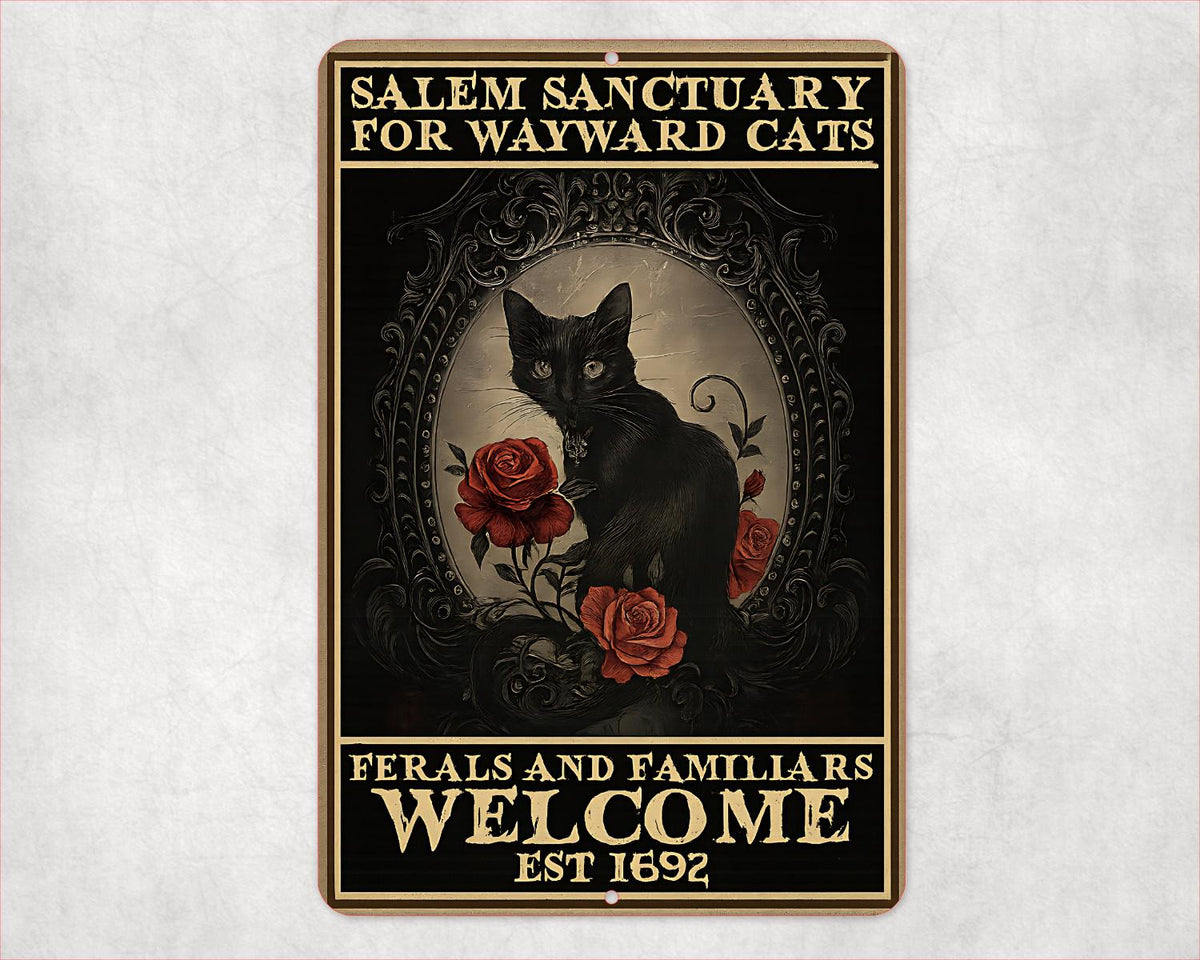 Salem Sanctuary For Wayward Cats Sign – 8x12 Vintage Gothic Cat Metal Sign | Witchy Cat Decor | Ferals and Familiars Welcome