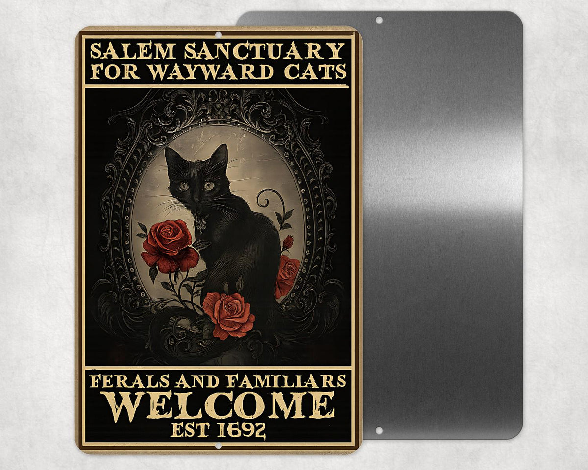 Salem Sanctuary For Wayward Cats Sign – 8x12 Vintage Gothic Cat Metal Sign | Witchy Cat Decor | Ferals and Familiars Welcome