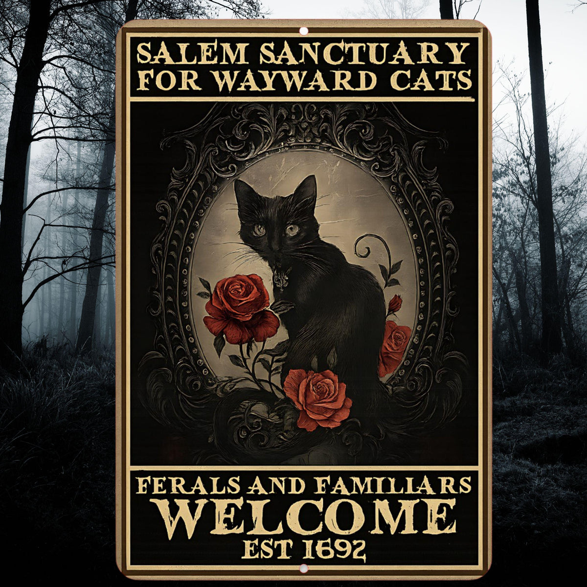 Salem Sanctuary For Wayward Cats Sign – 8x12 Vintage Gothic Cat Metal Sign | Witchy Cat Decor | Ferals and Familiars Welcome