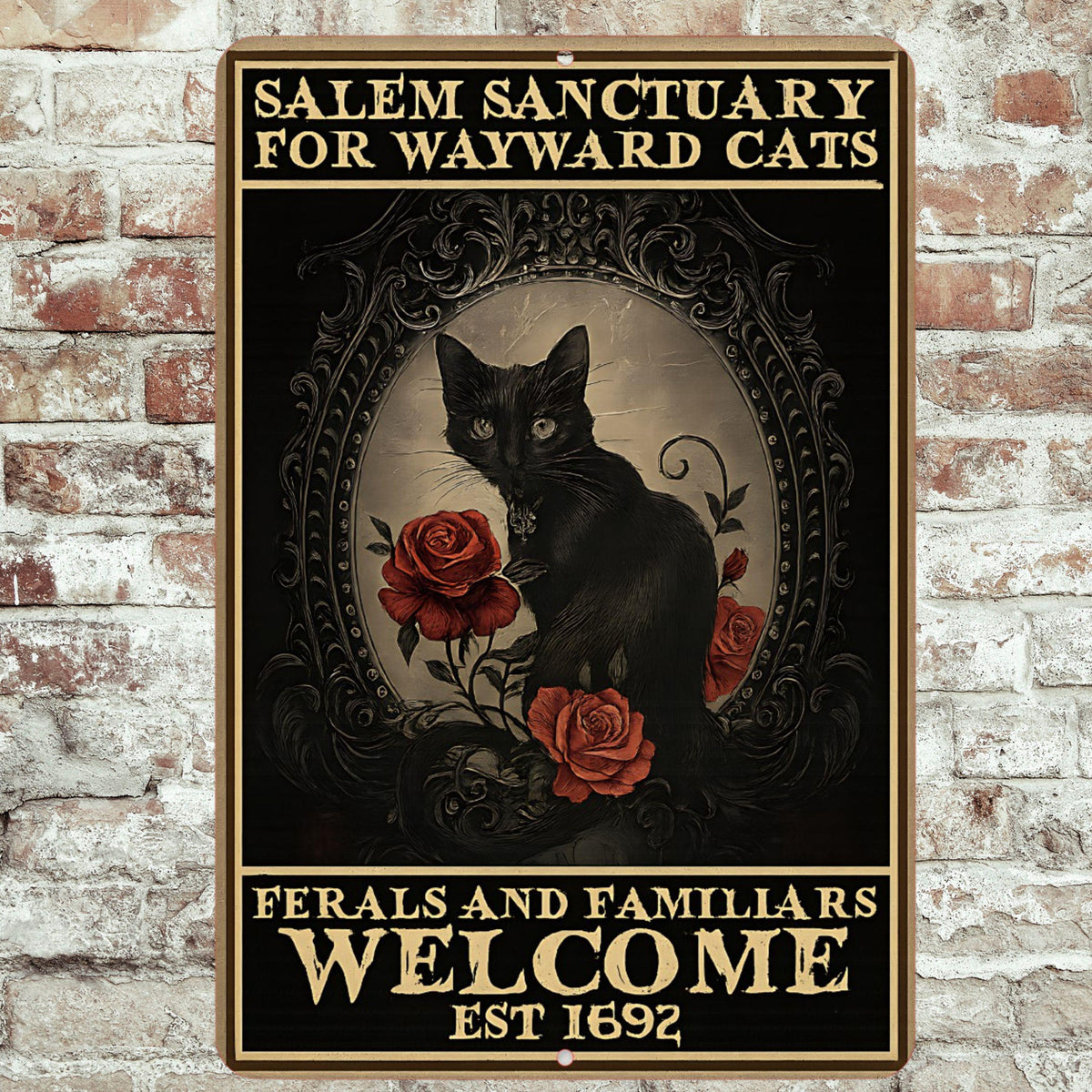 Salem Sanctuary For Wayward Cats Sign – 8x12 Vintage Gothic Cat Metal Sign | Witchy Cat Decor | Ferals and Familiars Welcome