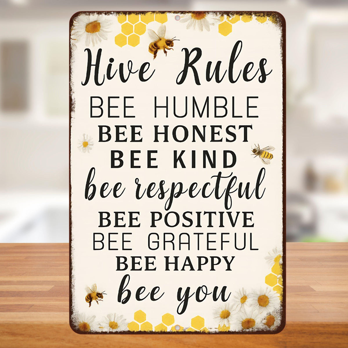 Hive Rules Bee Sign – 8x12 Metal Wall Decor for Beekeepers, Gardeners, or Country Home – Bee Kind Positive Grateful Rustic Farmhouse Decor