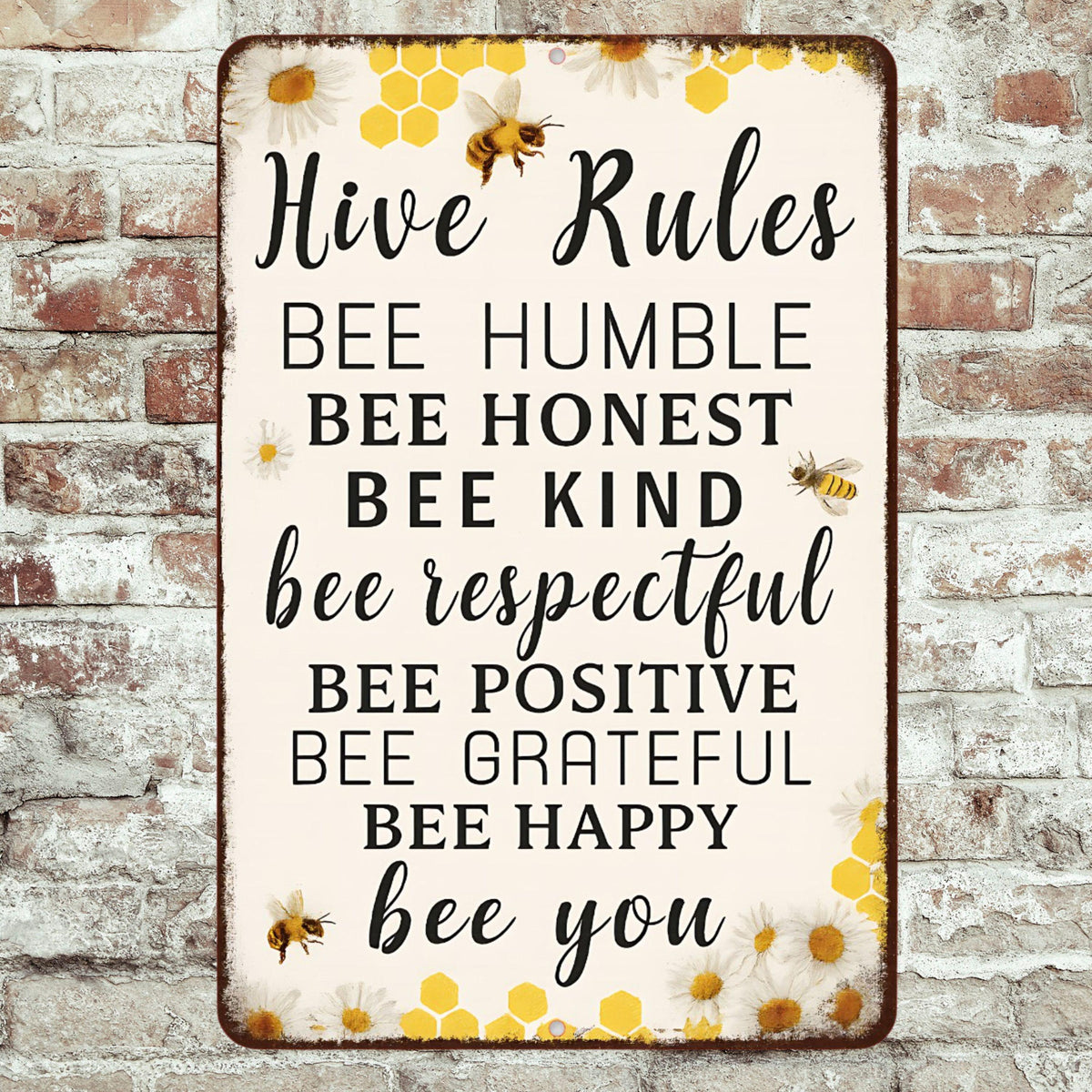 Hive Rules Bee Sign – 8x12 Metal Wall Decor for Beekeepers, Gardeners, or Country Home – Bee Kind Positive Grateful Rustic Farmhouse Decor