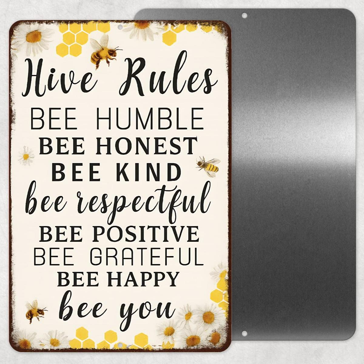 Hive Rules Bee Sign – 8x12 Metal Wall Decor for Beekeepers, Gardeners, or Country Home – Bee Kind Positive Grateful Rustic Farmhouse Decor