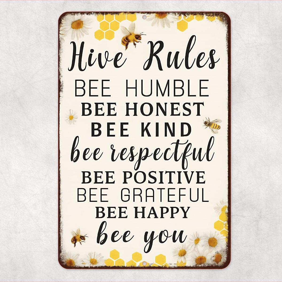 Hive Rules Bee Sign – 8x12 Metal Wall Decor for Beekeepers, Gardeners, or Country Home – Bee Kind Positive Grateful Rustic Farmhouse Decor