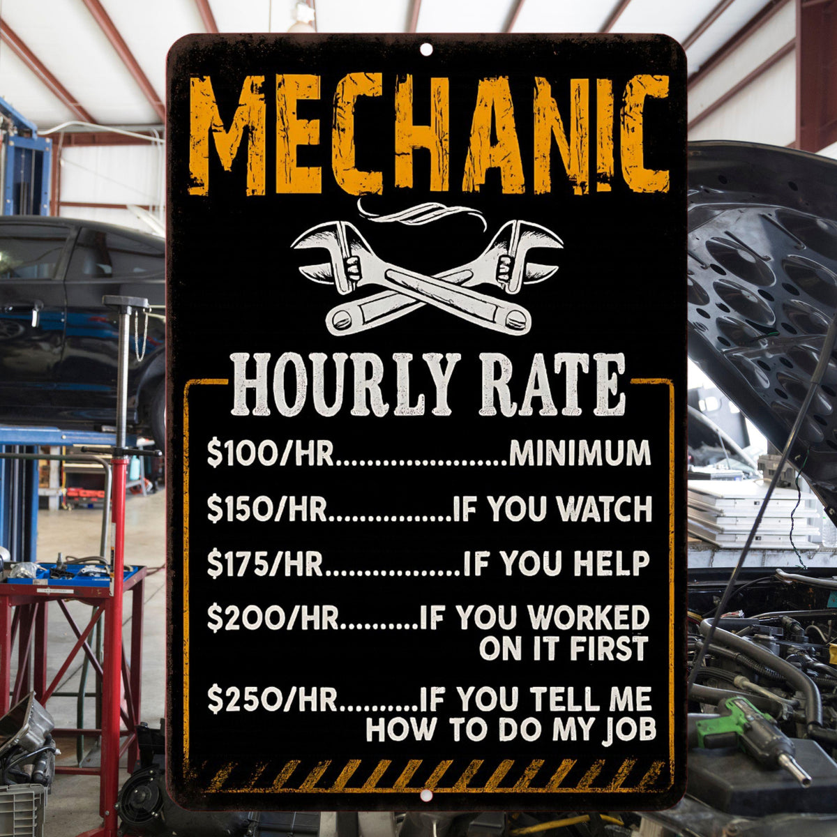 Funny Mechanic Hourly Rate Sign – 8x12 Metal Garage Shop Wall Decor, Vintage Wrench Humor Sign, Shop Sign, Garage Decor, Man Cave Sign