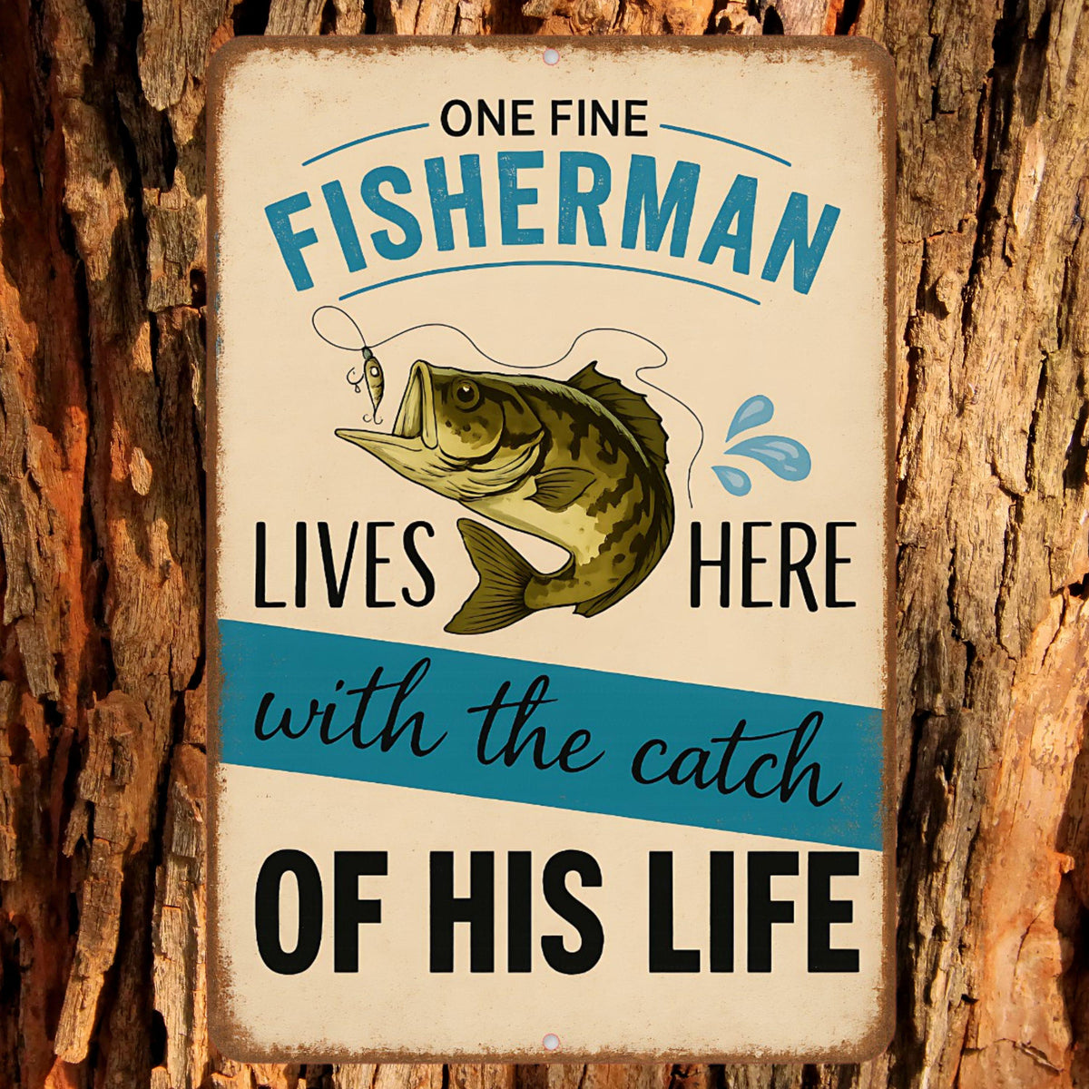 Funny Fisherman Sign – “One Fine Fisherman Lives Here” 8x12 Vintage Metal Sign for Lake House, Cabin or Fishing Gift